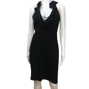 Cache black sheer ruffle lace up front LBD 8